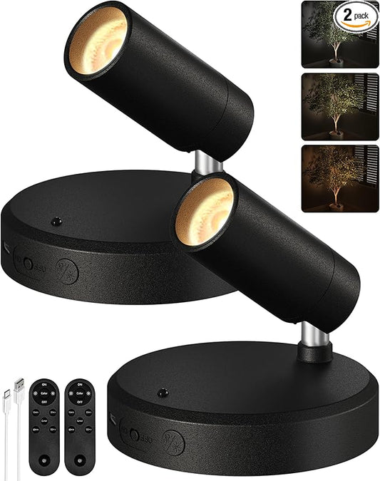 EZVALO Spotlights Indoor with Remote, 5500mAh Rechargeable Picture Lights, Wireless LED Uplighting with Timer＆Dimmable, 3CCT, Display Lights for Plant Painting, Artwork, Accent Lighting (2Pack-Black)