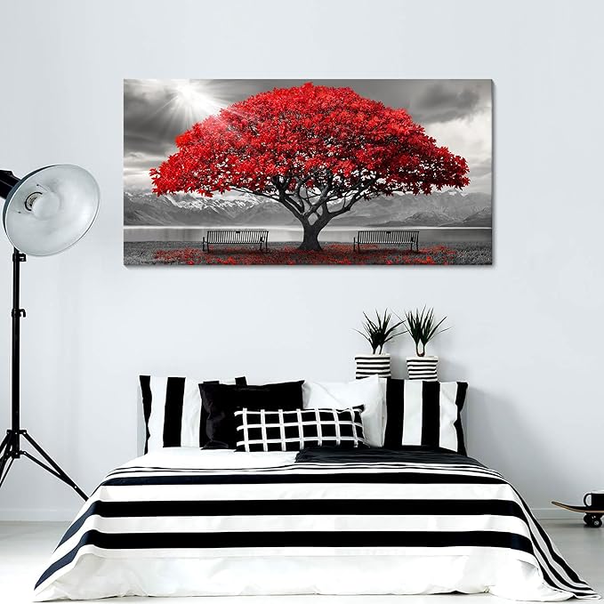 AJAZIKO Red Wall Art - Modern Framed Wall Art for Living Room - Red Tree Black and White Landscape Canvas Prints Posters & Prints for Home Office Bedroom Decorations - Large Wall Pictures 24×48IN