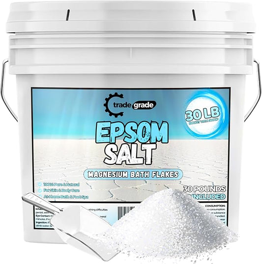 Epsom Salt Bath Soak 30 lb Bucket – Unscented, Pure Epsom Salt Bulk Crystals, Magnesium Sulfate for Full Body or Foot Soaks, Resealable Container with Scoop for Home Bath Use