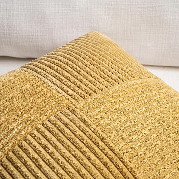 Fancy Homi 2 Packs Mustard Yellow Long Lumbar Decorative Throw Pillow Covers 16x24 Inch for Couch Bed, Rustic Farmhouse Boho Home Decor, Soft Striped Corduroy Rectangle Accent Cushion Case 40x60 cm