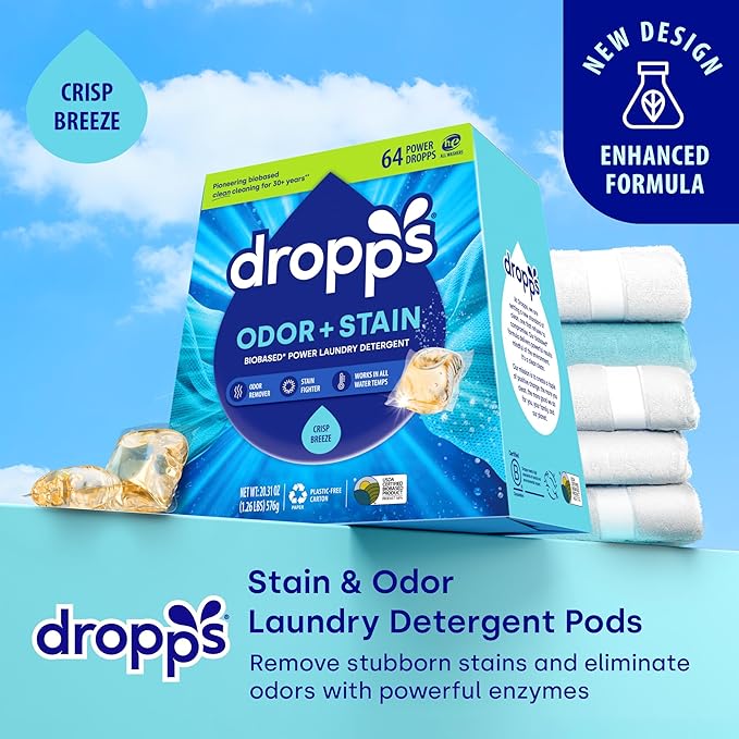 Dropps Odor & Stain Biobased Power Laundry Detergent Pods, Crisp Breeze (64 Pods) - HE Compatible Laundry Pods for Fresh Clothes - Laundry Soap Supplies & Recyclable Paperboard Packaging