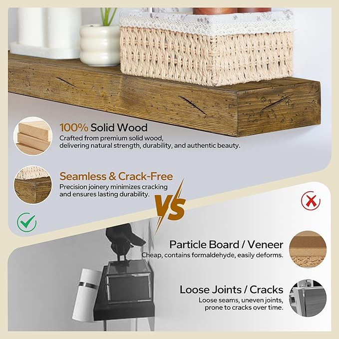 Floating Shelves 3 inch Thick for Wall Set of 2,Solid Pine Wood Wall Mount Shelf for Kitchen Living Room Bedroom Bathroom,8" D x 48" L x 3" H-Distressed Black Walnut