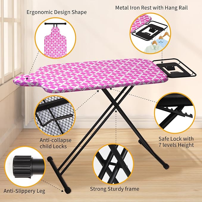 Extra Large Ironing Board with Hang Rail and Iron Rest 63" L x 20" W (Large with Iron Rest (Pink Cover))