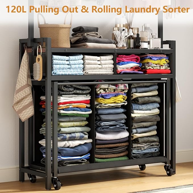 Laundry Sorter Hamper with Hanging Cloth Rack, Laundry Basket with 3 Section Pull-Out Rolling Bags, Laundry Sorter for Organization and Storage with 2 Drawers for Laundry Room (Vinatge Brown)
