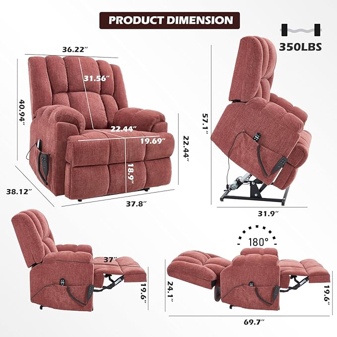 Dual Motor Power Lift Recliner Chair with Massage and Heat for Elderly People, Infinite Position, Burgundy Recliner Chair, Chenille Fabric Lift Chair