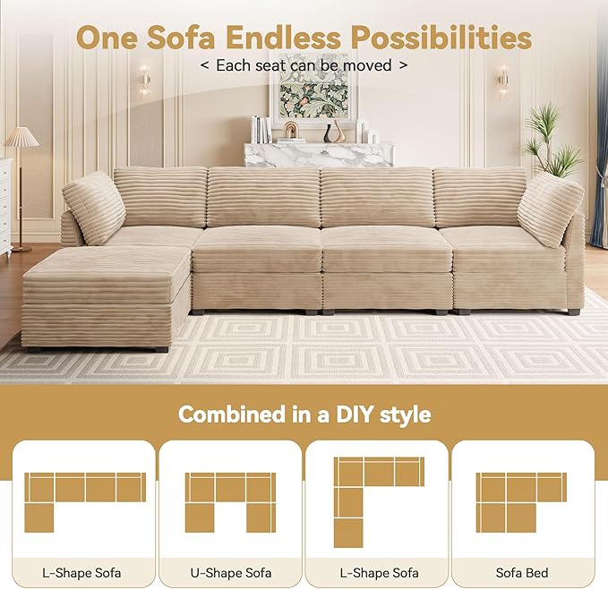 Modular Sectional Sofa with Chaise U Shaped Sectional Couch for Living Room, 8-Seater Comfy Cloud Couches, Plush Corduroy, Beige