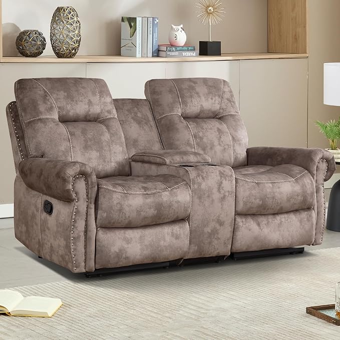 EBELLO Manual Recliner Loveseat Sofa, 2 Seater Reclining Couch Chair with Center Console, Hidden Storage and Cup Holders, Vintage Rivet Mid-Century Design for Living Room, Meeting Room, Brown