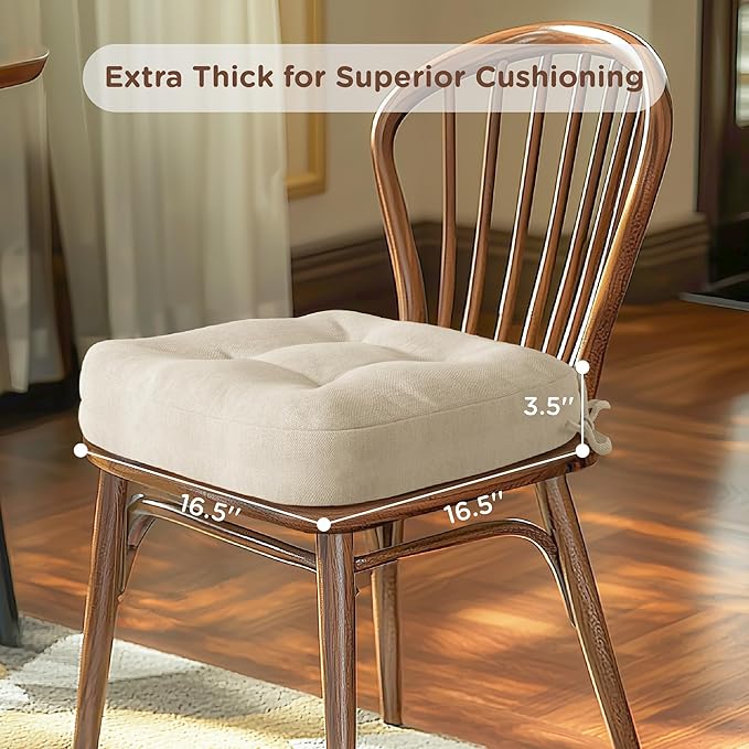 Codi Dining Chair Cushions 2 Pack, Thick Chairs Pads for Indoor Kitchen Room - Washable, Non-Slip Memory Foam Seat Cushion with Ties, 16.5"x16.5"x 3.5", Set of 2, Beige