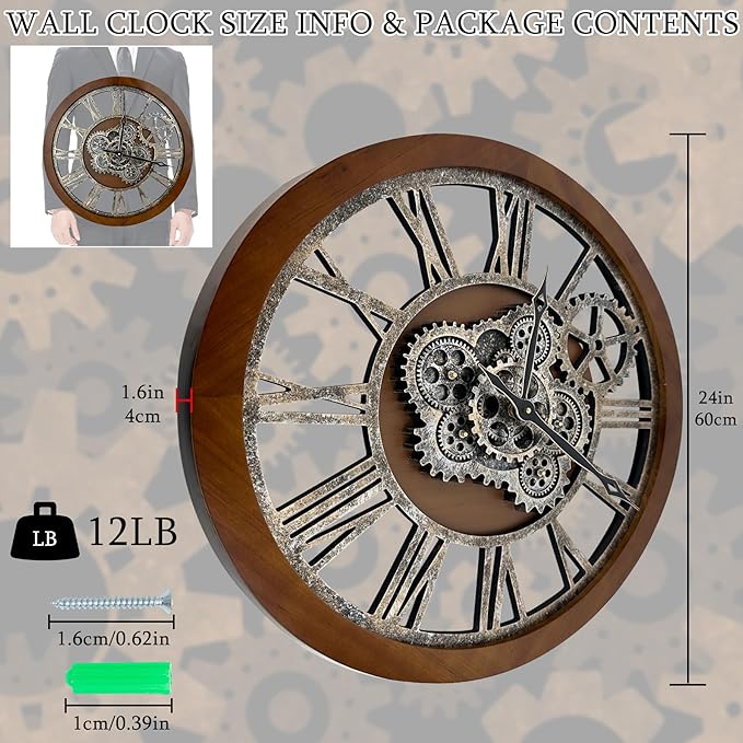 HOIBAI Clocks for Living Room Decor, Large Wall Clock 24 in (60cm) Clocks Wall Decor, Moving Gear Wall Clock, Farmhouse Vintage Industrial Oversized