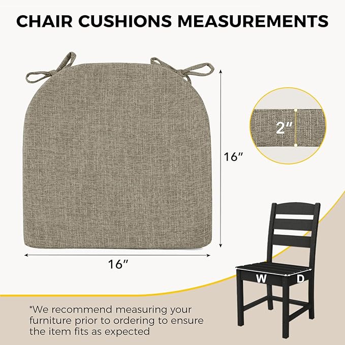 downluxe Indoor Chair Cushions for Dining Chairs, Soft and Comfortable Textured Foam Kitchen Chair Pads with Ties and Non-Slip Backing, 16" x 16" x 2", Khaki, 6 Pack