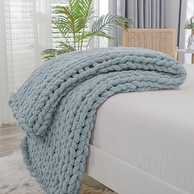 Bigacogo Chunky Knit Throw Blanket for Couch, 40x60 inches, 100% Hand Knitted with Thick Jumbo Chenille Yarn, Cozy Soft Large Rope Knot Cable Crochet Blankets for Sofa Bed Living Room, Dusty Blue