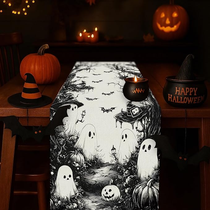 GPGHE Halloween Table Runner Black Ghost Holiday Burlap Table Decoration Indoor Outdoor Home Decor Party Supply 13 x 72 Inch