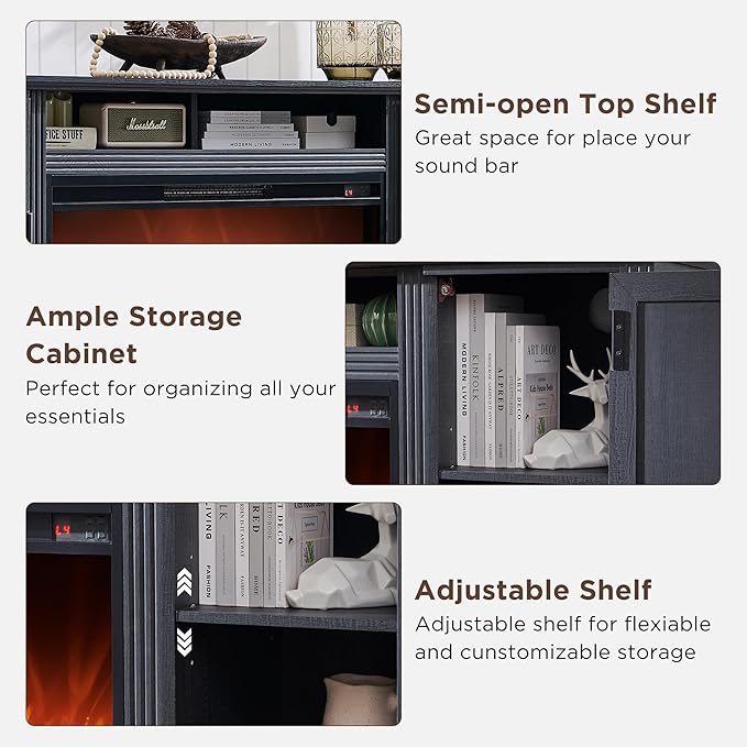 Fireplace TV Stand for 80 Inch TV, 35.7" Tall Farmhouse Entertainment Center W/36'' Electric Fireplace, Media Console with Large Storage Cabinets and Drawers for Living Room, Black