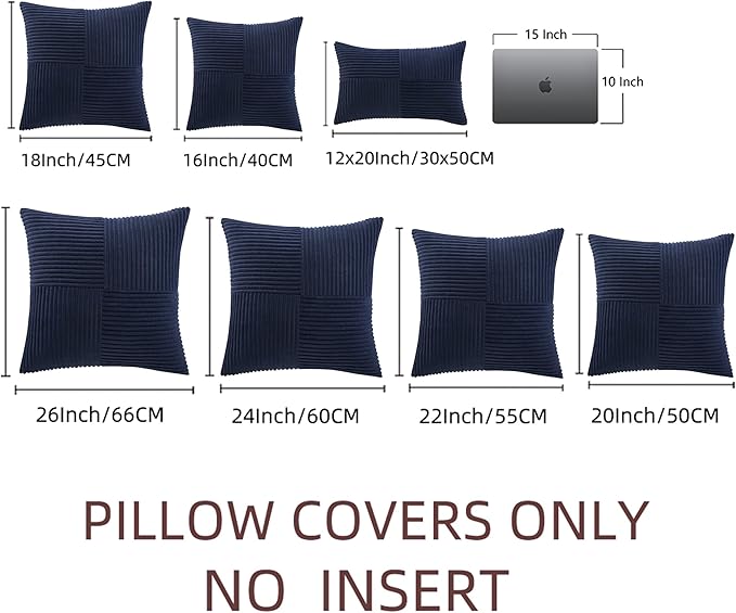 Fancy Homi 2 Packs Navy Blue Euro Decorative Throw Pillow Covers 26x26 Inch for Living Room Couch Bed, Farmhouse Boho Home Decor, Soft Corss Corduroy Patchwork Textured Square Cushion Case 66x66 cm