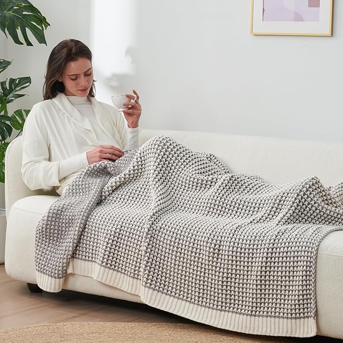 Amélie Home Chenille Waffle Throw Blanket for Couch, Reversible Pineapple Stitch Knit Soft Cozy Knit Blanket Lightweight Warm Decorative Throw for Sofa, Bed, Living Room, 50"x60", Grey&Ivory