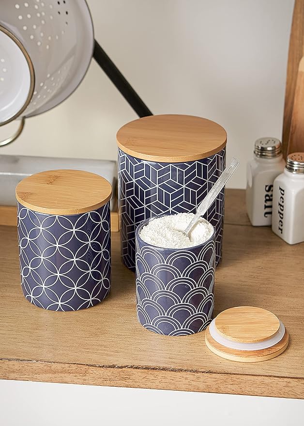 DII Kitchen Ceramics Collection, Canister Set, Mixed Print, Nautical Blue, 3 Piece