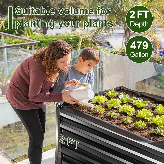 EDOSTORY Metal Raised Bed Garden Bed Kit, 8x4x2ft Tall Galvanized Planter Raised Garden Boxes Outdoor, Large Metal Raised Garden Beds for Flowers, Vegetables, Herbs