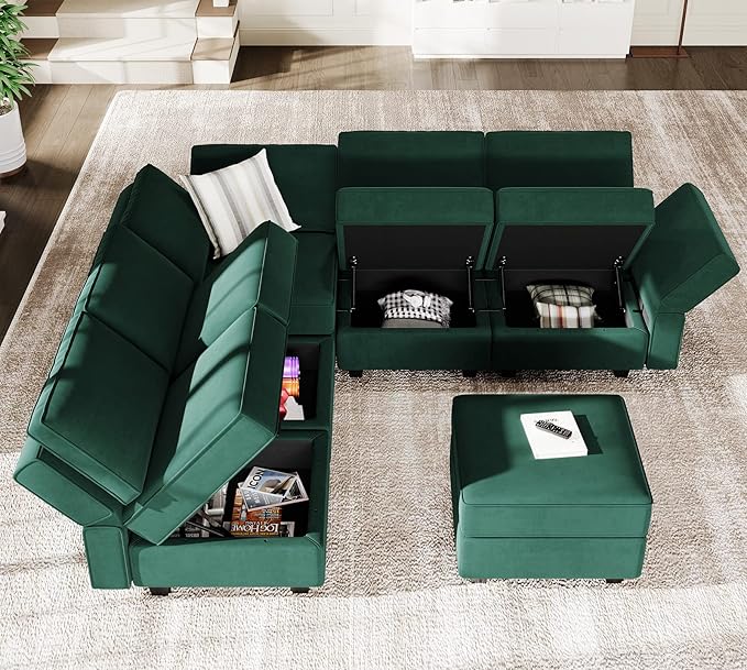 Belffin Modular Sectional Sofa with Storage Seats Velvet L Shaped Corner Couch Convertible Sectional Sofa with Chaise (Green, L Shape-1)…