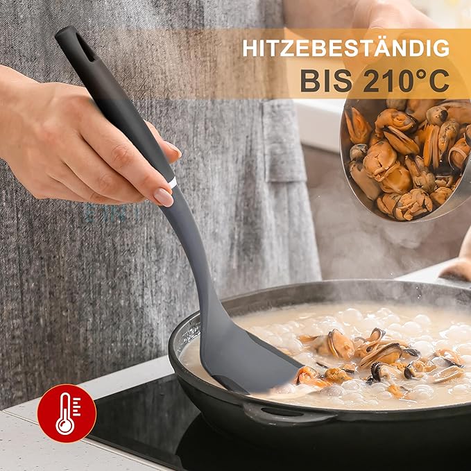 6-Piece Silicone Kitchen Utensil Set with Rotating Stand, Non-Stick, Heat-Resistant (400°F), Nylon Handle, Cooking Spatula Set for Baking & Cooking, Light Gray