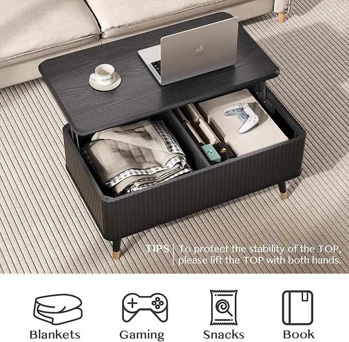 Lift Top Coffee Table with Storage Shelf & Hidden Compartment, Mid Century Modern Fluted Rectangle Dining Table for Living Room, Home Office,Black