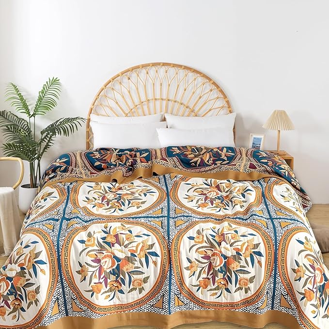 Boho Throw Blanket for Bed - 100% Pure Cotton Ultra Soft Rustic Quilt - Farmhouse Decor Bed Blankets, All Season Rustic Throw for Sofa Couch Chair(60"×80", Floral)