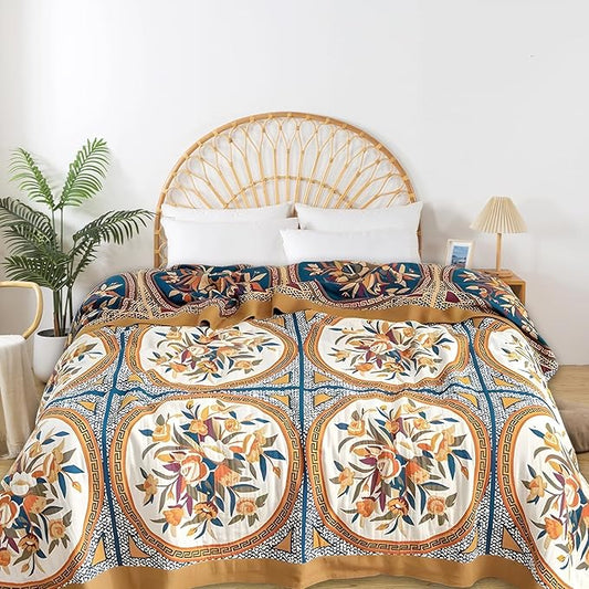 Boho Throw Blanket for Bed - 100% Pure Cotton Ultra Soft Rustic Quilt - Farmhouse Decor Bed Blankets, All Season Rustic Throw for Sofa Couch Chair(60"×80", Floral)