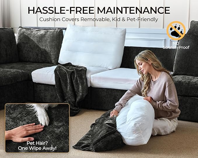 Oversized Modular Sofa Comfy Cloud Couch with Storage, Extra Deep Plush Sectional Sofa Set for Living Room, Covers Washable, Chenille, Olar (Black, 6-Seater with 2 Ottomans, u-Shaped)