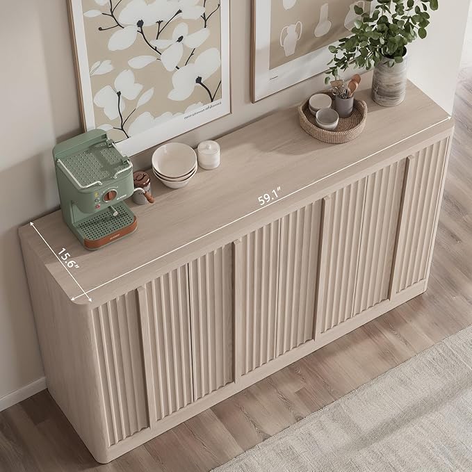 Fluted Buffet Cabinet with Storage, 120" Sideboard Buffet Storage Cabinet with 8 Doors & Solid Wood Handle, Coffee Bar Wood Credenza Cabinet for Kitchen, Dining Room, Living Room, Natural Oak(2PCS)