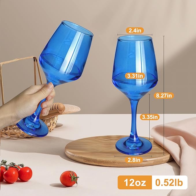 Blue Wine Glasses Set of 6-12oz Blue Long Stem Wine Glass Cups, Pretty Crystal Glassware, Hand Blown Goblets Drinkware, Unique Drinking Stemware Holiday Gift Set