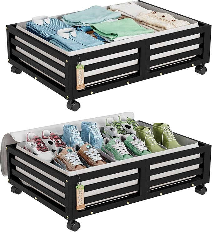 Bamboo Under Bed Storage Containers- Underbed Organizer with Wheels with Large Dust Bag,Sturdy Wood Rolling Under the Bed Shoe Storage Organizer Drawer 2 Pack