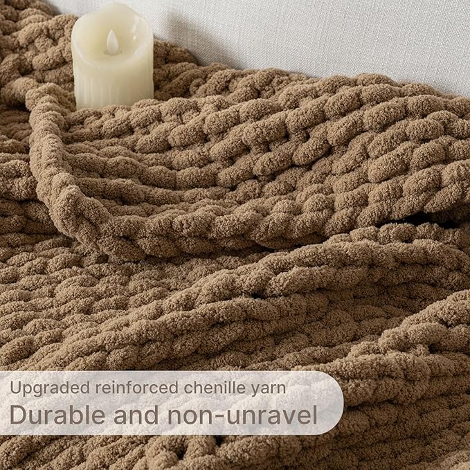 Chunky Knit Blanket Throw, 100% Hand Knit Throw Blanket Handmade Chenille Cable Knit Throw for Couch, Stylish Cozy Soft Rope Knot Crochet Blanket for Home Decor, Camel, 50x60 Inches
