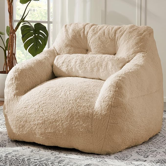Bean Bag Chair for Adults with Pillow,Oversized Bean Bag Couch for Adults Chairs,Giant Lazy Couch Sofa Chairs with Filler,Large Reading Chair for Living Room Bedroom,Apricot
