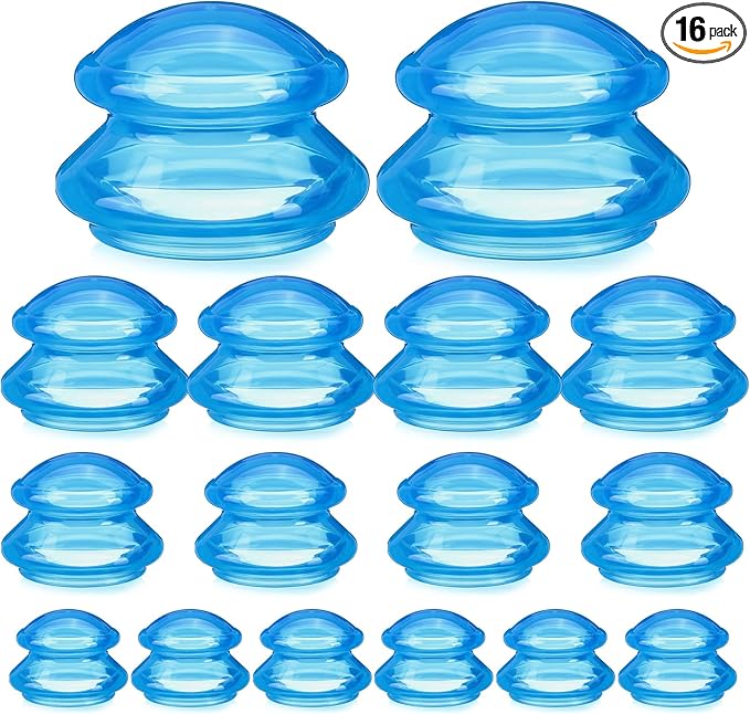 Geiserailie 16 Pcs 4 Sizes Cupping Therapy Set Silicone Cupping Massage Cups Professional Chinese Therapy Cup Vacuum for Body Muscle Nerve(Blue)
