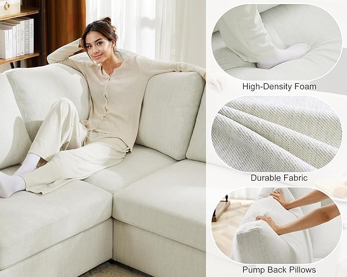 L Shaped Sectional Sofa with Detachable Sofa Cover,Rolled Armrest,Sectional Modular Couch for Living Room,Breathable Linen Fabric Corner Couch with 7 Seats for Apartment,Removable Cushion,Ivory