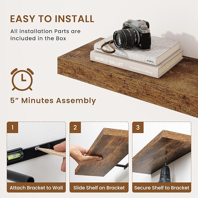 fuqing Floating Shelves for Wall, Bathroom Shelf Wall Mounted for Storage, Shelves with Invisible Bracket for Bedroom, Kitchen, Living Room, Farmhouse Small Book Shelf, 6.5 Inch Set of 3, Rustic Brown