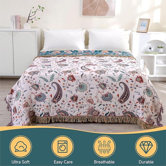 Boho Throw Blanket for Bed,100% Ultra Cotton Soft Breathable Bed Throw Floral Printed Farmhouse Decor Rustic Bed Throws for Couch Sofa Quilt White Flowers 60" x 80"