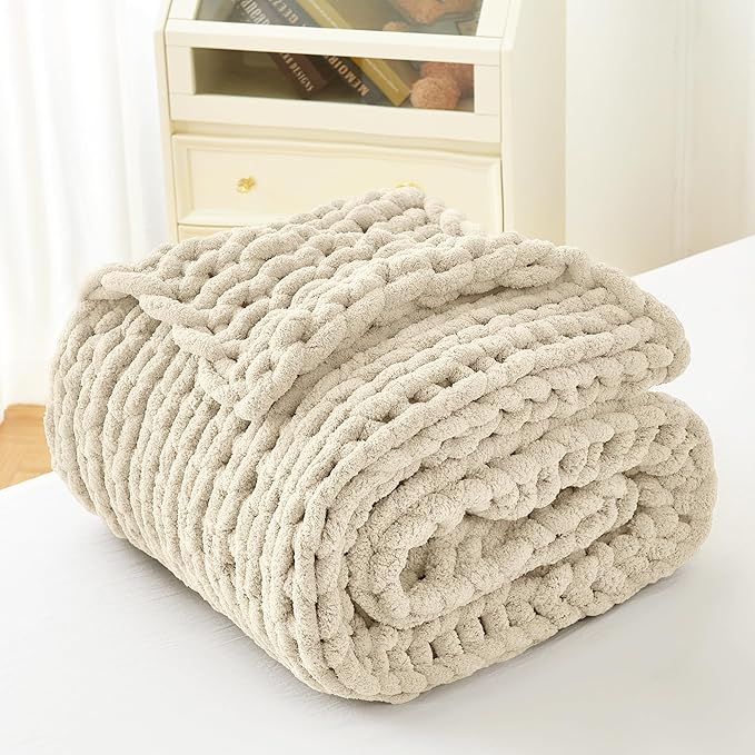 Admitrack Chunky Knit Blanket Throw, 100% Hand Knit Chenille Throw Blanket for Sofa & Home Decor, Soft and Cozy Knitted Throw Blankets (Ivory, 60""x80""), XNR09