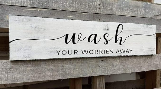 Farmhouse Bathroom Sign, Wash Your Worries Away, Rustic Wooden Bathroom Wall Art Decor, Inspirational Signs Bath Wall Hanging Art Home Decor (Wash) 4x16 Inch