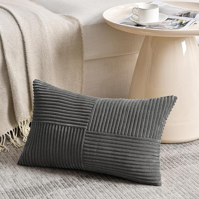 Fancy Homi 2 Packs Dark Gray Lumbar Decorative Throw Pillow Covers 20x28 Inch for Living Room Couch Bed Sofa, Farmhouse Home Decor, Soft Striped Corduroy Rectangle Accent Cushion Case 50x70 cm