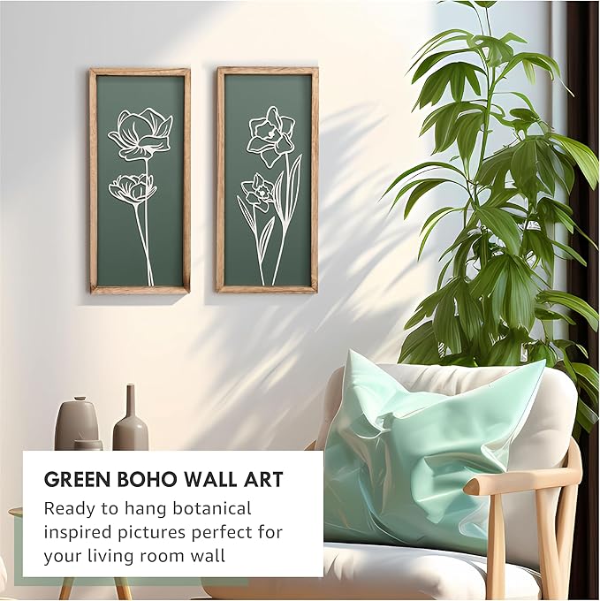 3D Floral Green Wall Art (Set of 2) Lightweight, Wooden Ready-to-Hang Boho Framed Wall Art for Bathroom, Bedroom, Living Room or Office – Premium Sage Green Farmhouse Decor – Gift-Boxed