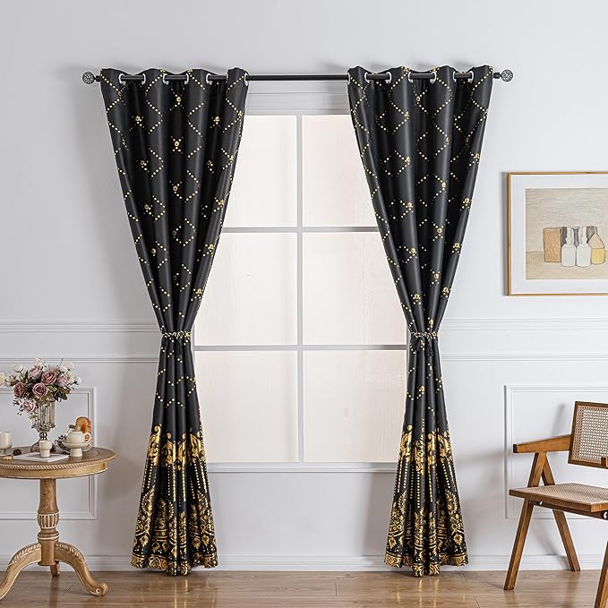 Grommets Blackout Long Window Curtains Black Gold-52W*95L 2PCS Drapes for Bedroom