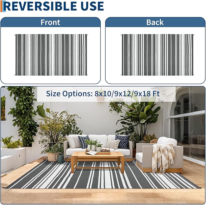 Outdoor Plastic Straw Rug 9x18 Waterproof Outside Rug, Large Modern Striped Reversible Floor Mats, Foldable & Lightweight Camping Carpet for Patio, Porch, Deck, Backyard, Balcony, Grey