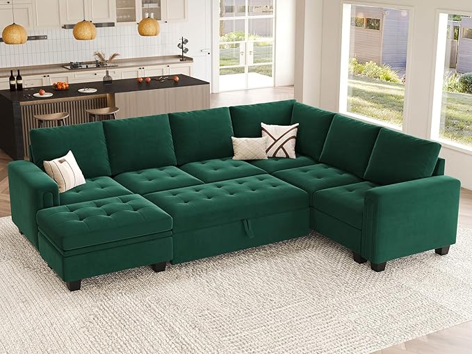 Belffin Modular Sectional Sleeper Sofa with Pull Out Bed U Shaped Sectional Sofa Couch with Storage Ottoman Velvet Covertible 7-Seater Sofa for Living Room Green