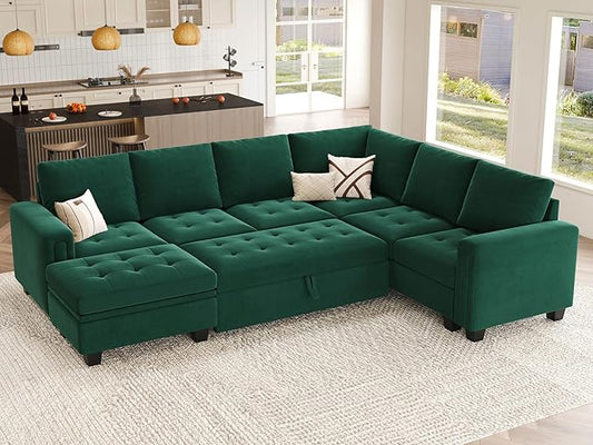 Belffin Modular Sectional Sleeper Sofa with Pull Out Bed U Shaped Sectional Sofa Couch with Storage Ottoman Velvet Covertible 7-Seater Sofa for Living Room Green