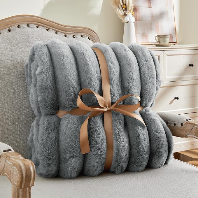 BEDELITE Faux Fur Throw Blanket for Couch, Soft and Cozy Luxurious 3D Striped Fluffy Blanket, 770GSM Thick Warm Plush Fuzzy Faux Rabbit Fur Blanket for Women Gift (Crey, 60"x 80")