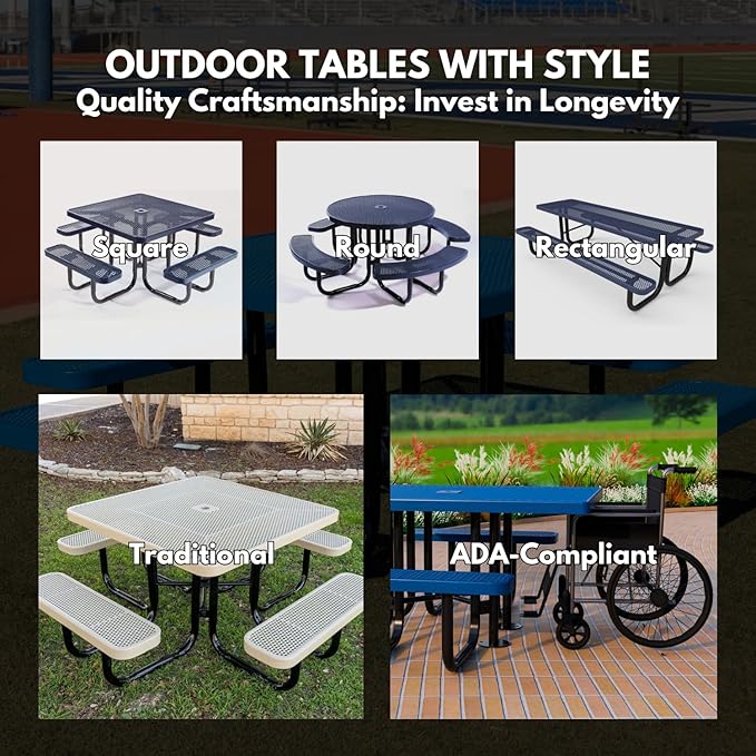 Heavy-Duty Portable Outdoor Picnic Table with Umbrella Hole, Punched Steel Commercial-Grade Patio Dining Furniture Made in America (46" Round Top, Grey)