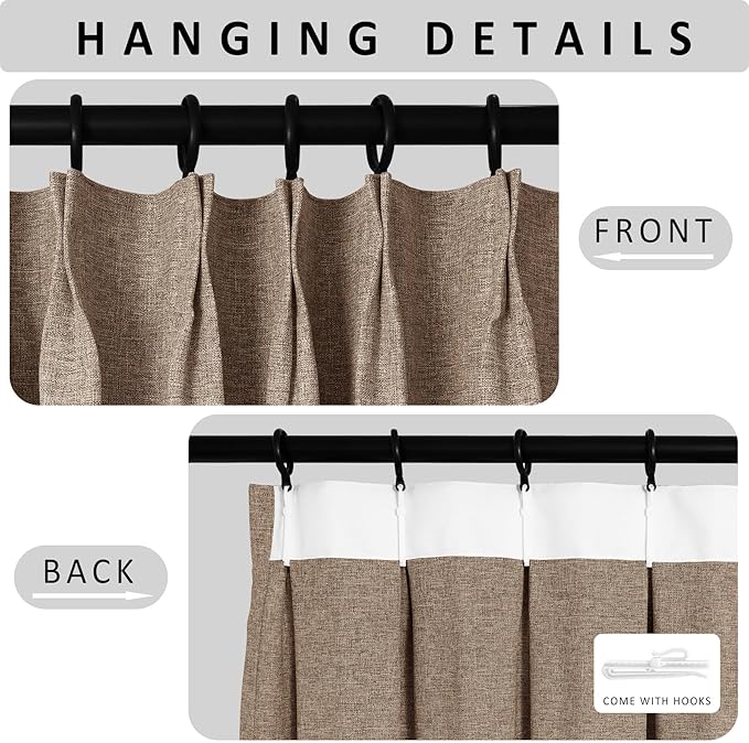 Macochico 100”Wx102”L 100% Blackout Pinch Pleated Linen Curtains for Sliding Door Bedroom Living Room Farmhouse Thermal Insulated Taupe Burlap Drapes with Tieback 1 Panel Shabby Chic Style
