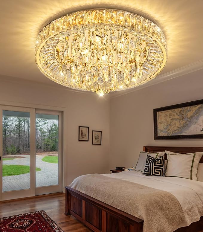 23.6'' Modern Crystal Chandeliers LED Dimmable Flush Mount Ceiling Chandeliers for Living Room Entrance Foyer Bedroom Gold