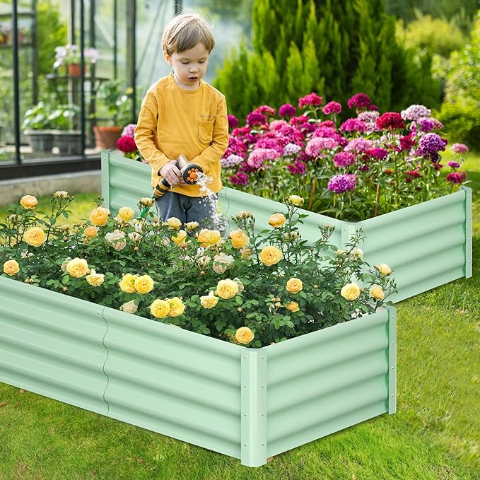 Galvanized Raised Garden Bed Outdoor, 2 Pcs 6x3x1FT Outdoor Large Planter Raised Beds Open Base with Safety Edge and Glove for Vegetables Flowers Ground Planter, Green