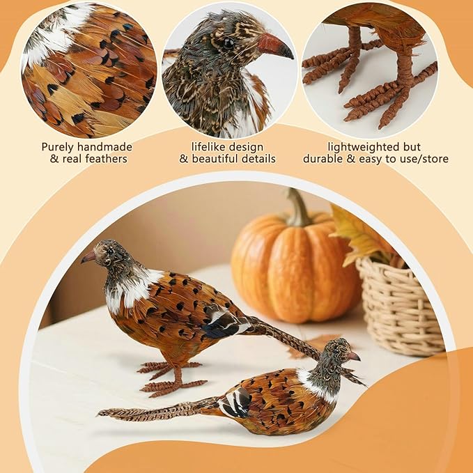 Nature Vibe Feathered Pheasant Decor Set of 2,Simulation Woodland Animals Figurines with Natural Pheasant Feathers as Fall Home Decor or Gifts for Autumn Harvest Festival
